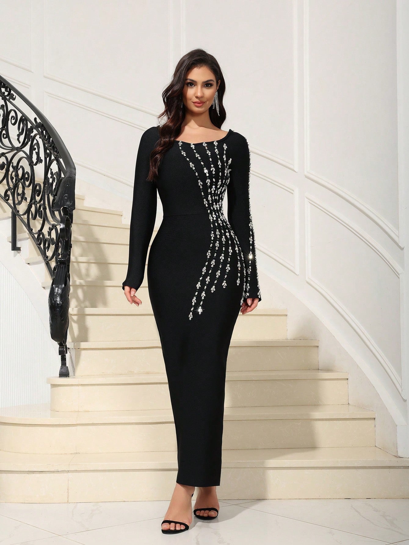 LLstyle Long Sleeve Crystal Embellished Formal Dress