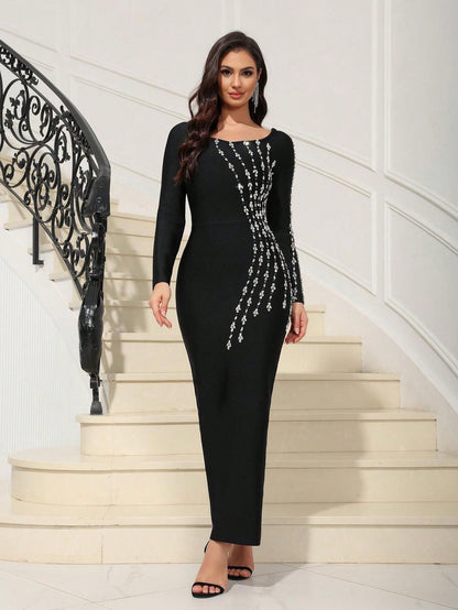 LLstyle Long Sleeve Crystal Embellished Formal Dress