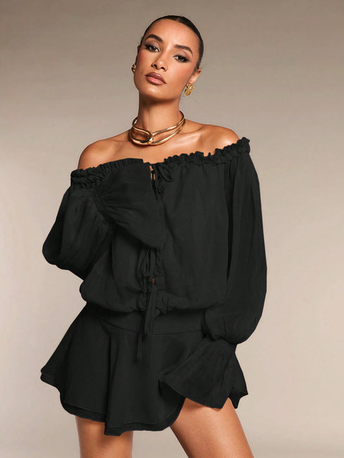 LLstyle Off Shoulder Flare Sleeve Ruffle Hem Dress