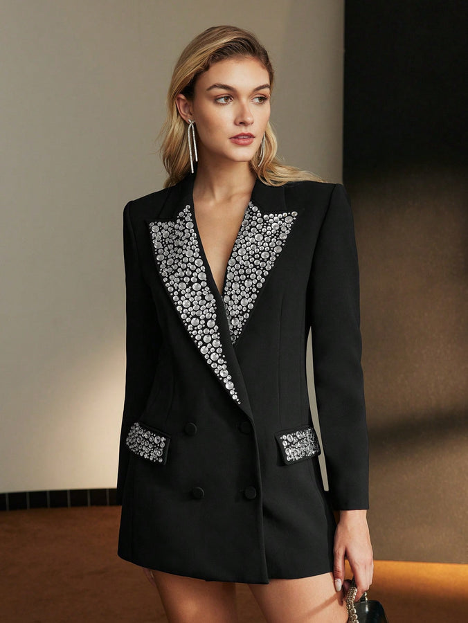 Style Rhinestone Peak Collar Flap Detail Double Placket Blazer Dress