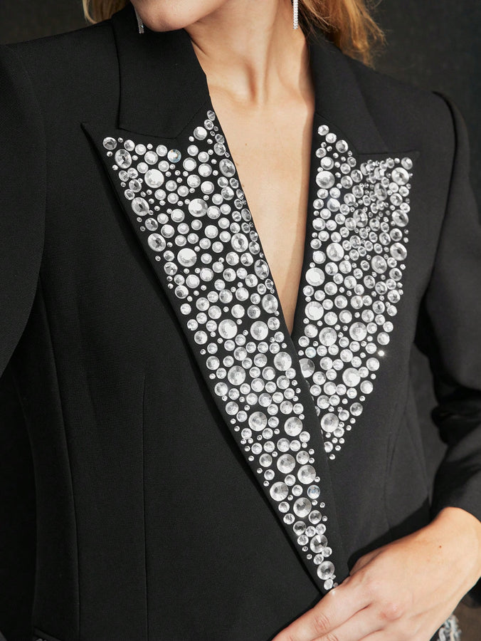 Style Rhinestone Peak Collar Flap Detail Double Placket Blazer Dress