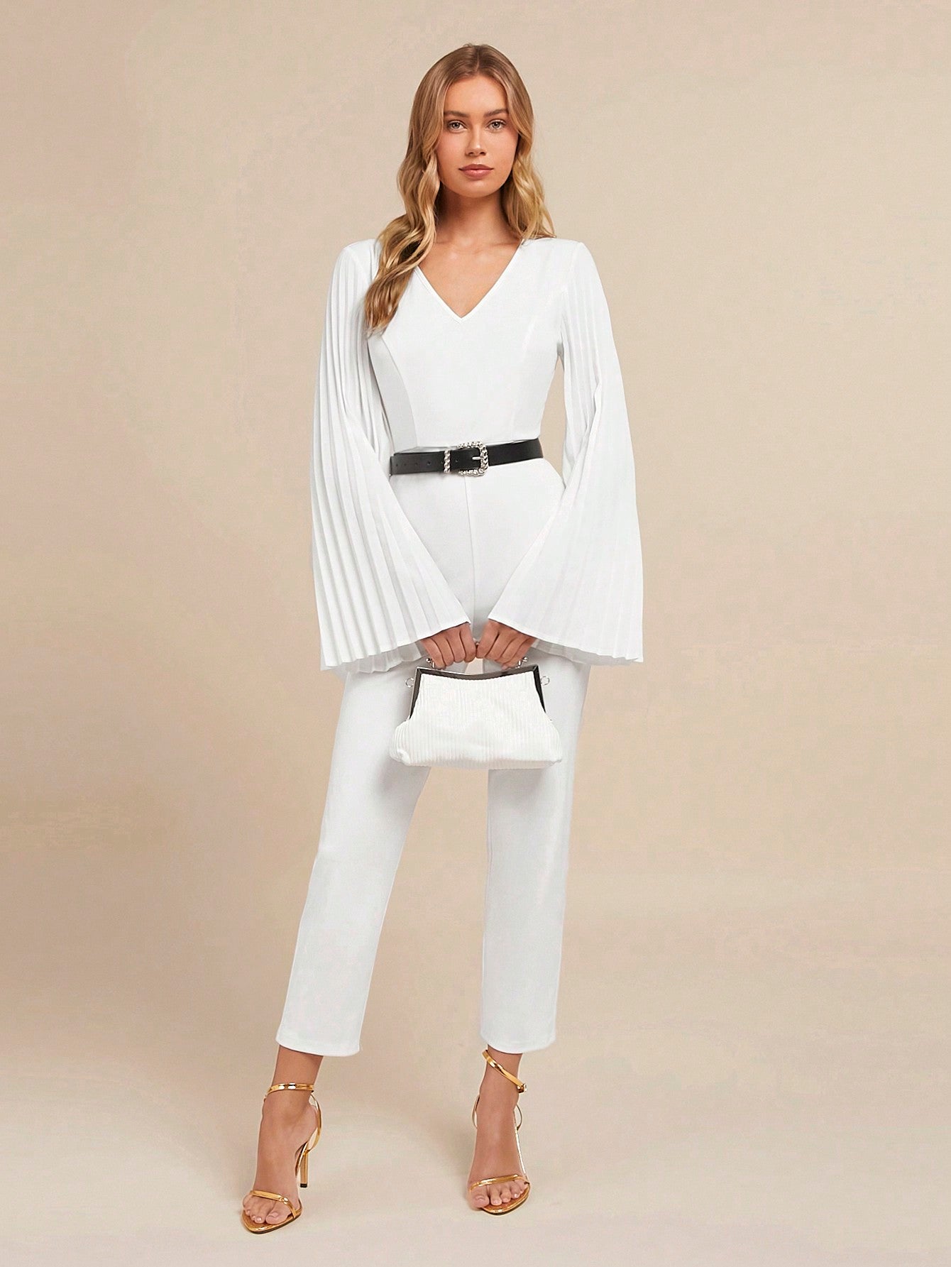 LLstyle Women's Elegant V Neck White Long Pleated Bell Jumpsuit