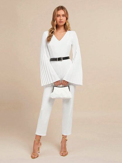 LLstyle Women's Elegant V Neck White Long Pleated Bell Jumpsuit