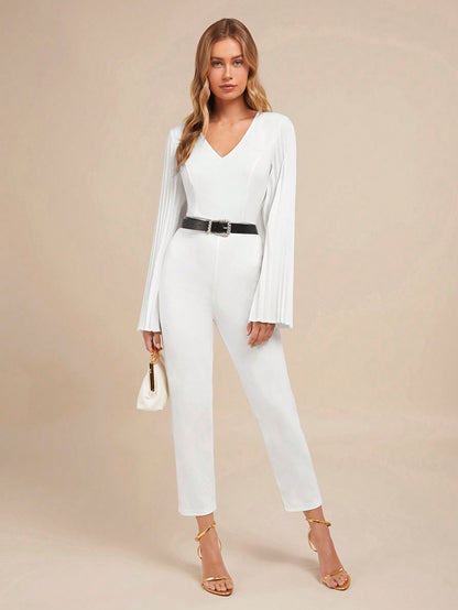 LLstyle Women's Elegant V Neck White Long Pleated Bell Jumpsuit