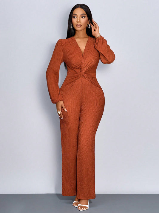 LLstyle Twist Knotted Deep V-Neck Long Sleeve Jumpsuit