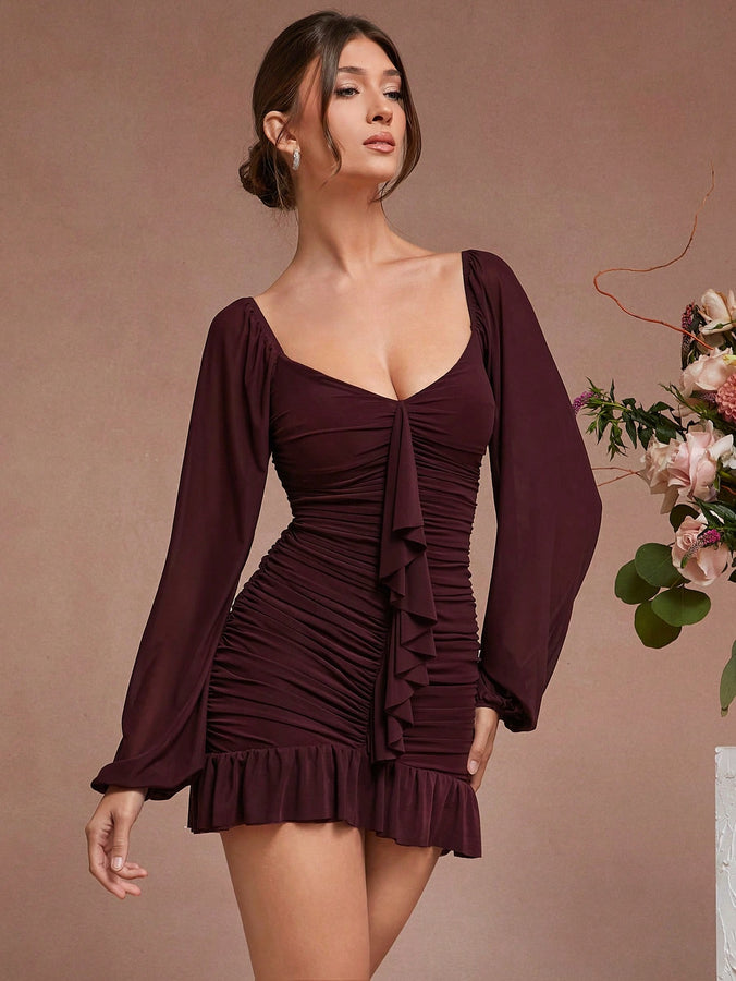 LLstyle Neck Pleated Ruffle Hem Elegant Long Sleeve Dress