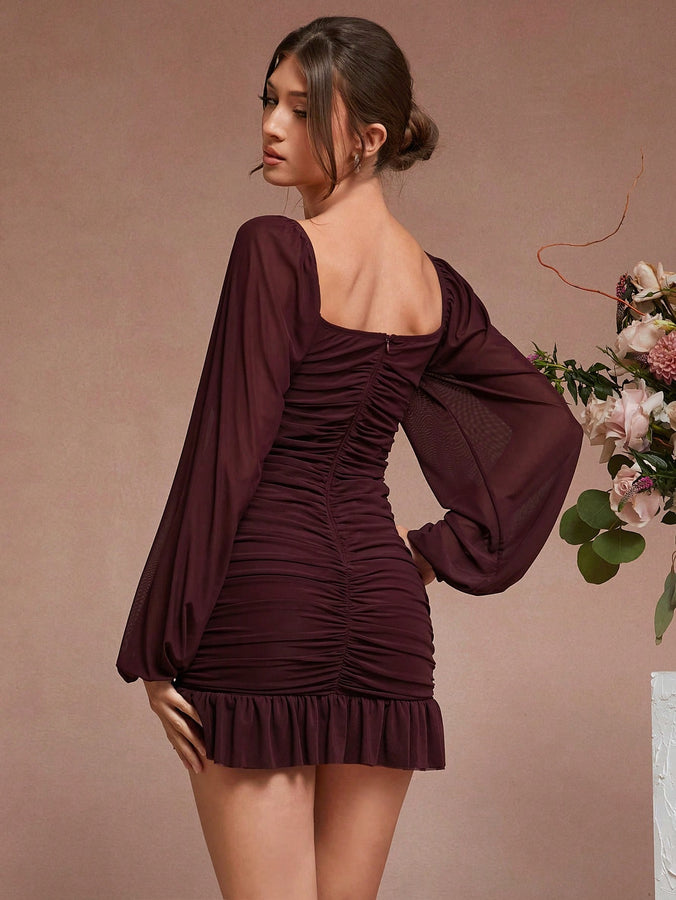 LLstyle Neck Pleated Ruffle Hem Elegant Long Sleeve Dress