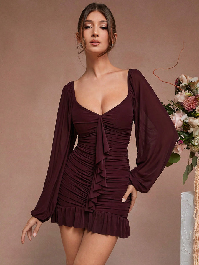 LLstyle Neck Pleated Ruffle Hem Elegant Long Sleeve Dress