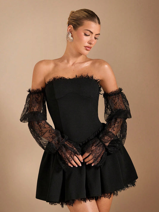 LLstyle Off-Shoulder Contrast Lace Lotus Sleeve Dress