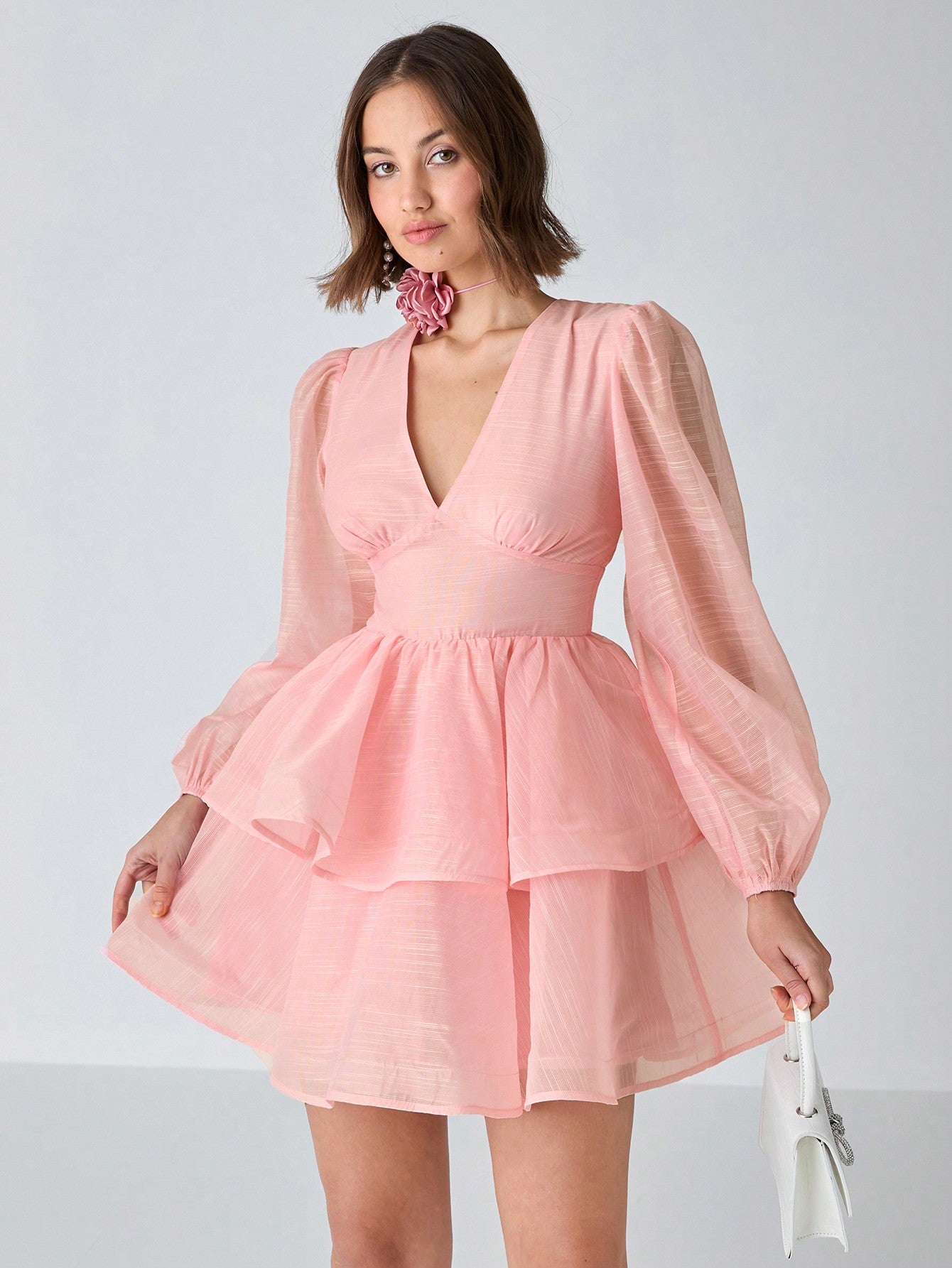 LLstyle V-Neck Layered Puff Long Sleeve Mini Dress