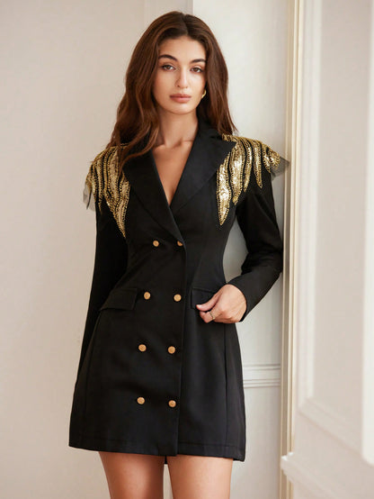 LLstyle 3D Wing Decor Double Breasted Long Sleeve Blazer Dress 