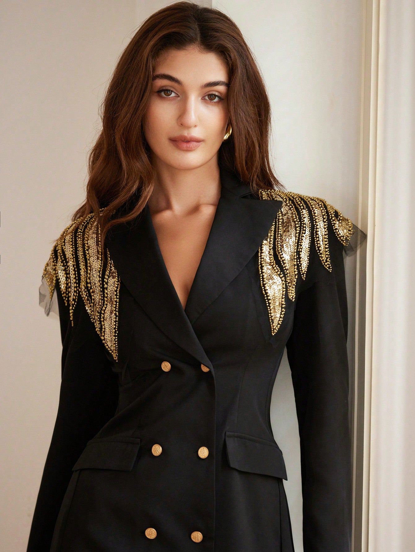 LLstyle 3D Wing Decor Double Breasted Long Sleeve Blazer Dress 