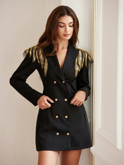 LLstyle 3D Wing Decor Double Breasted Long Sleeve Blazer Dress 