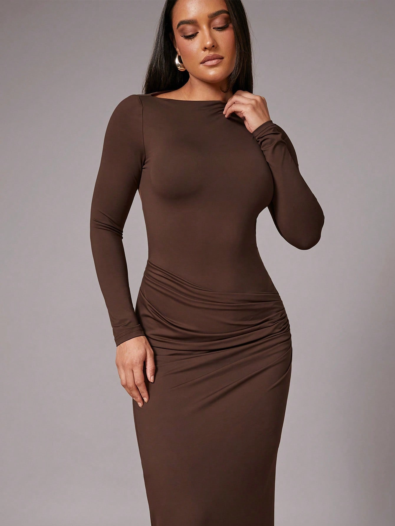 LLstyle Backless Lace-Up Solid Color Long Sleeve Dress