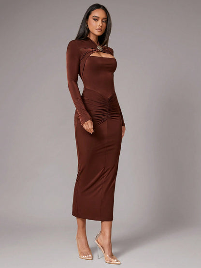 LLstyle Women's Fashionable Solid Brown Coffee Brown Dress