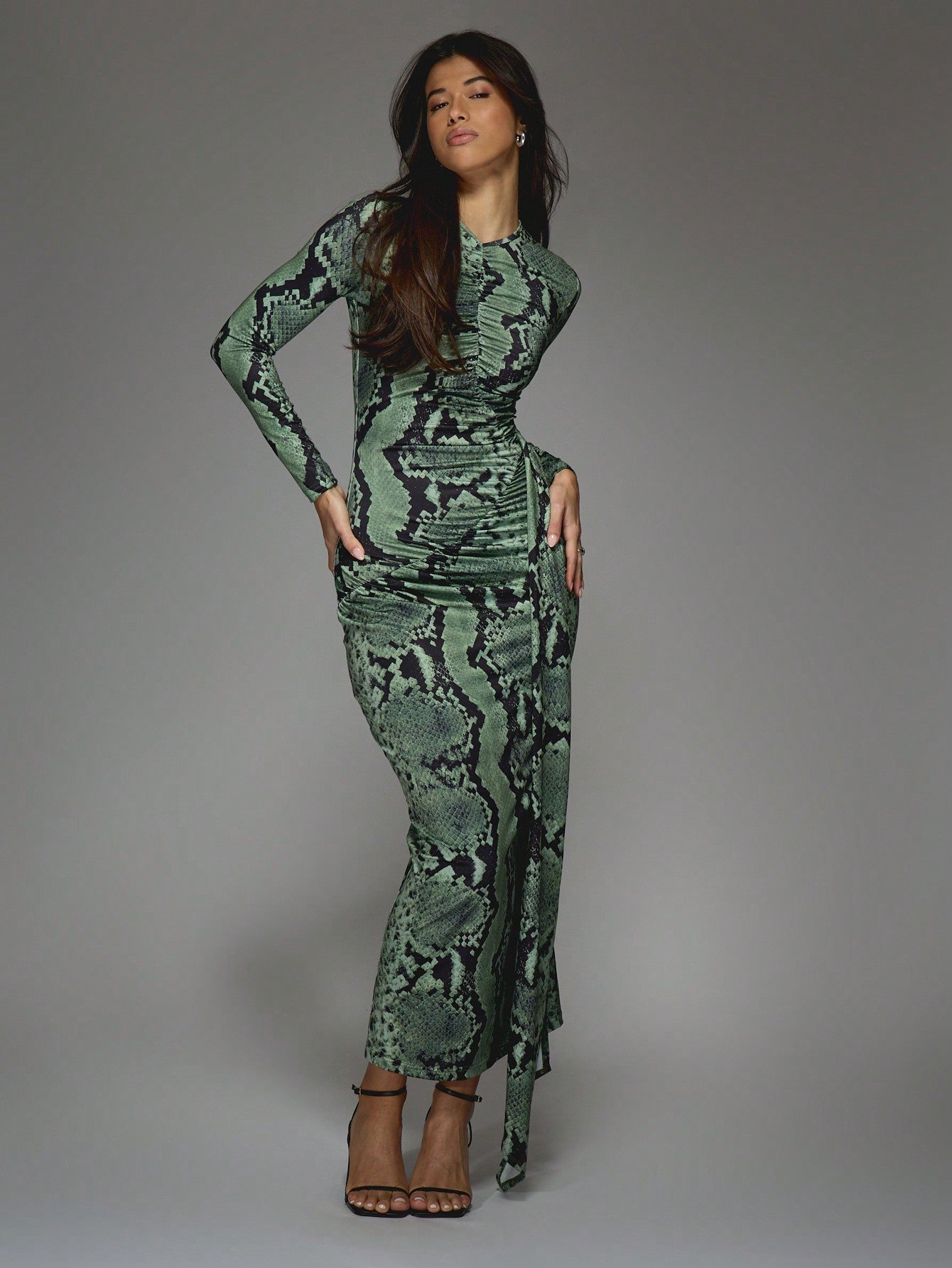 LLstyle Snake Print Round Neck Slit Maxi Dress