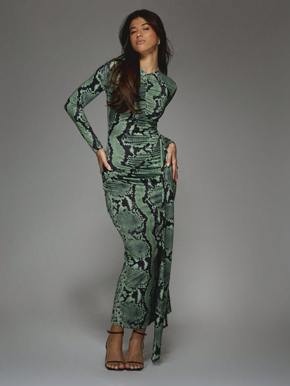 LLstyle Snake Print Round Neck Slit Maxi Dress