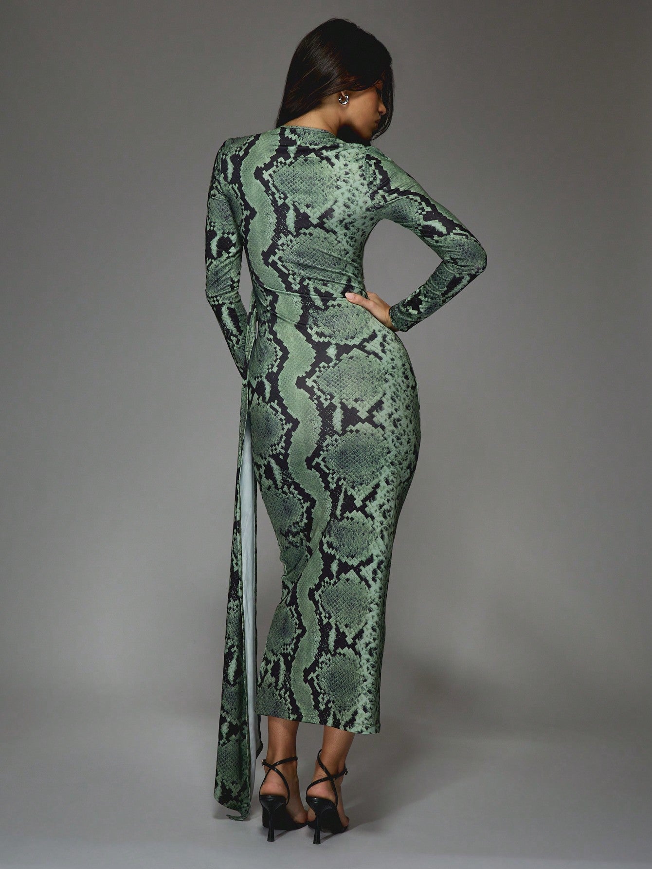 LLstyle Snake Print Round Neck Slit Maxi Dress