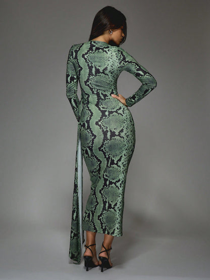 LLstyle Snake Print Round Neck Slit Maxi Dress