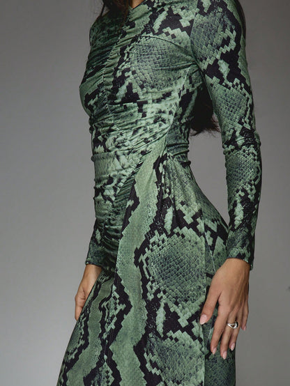 LLstyle Snake Print Round Neck Slit Maxi Dress