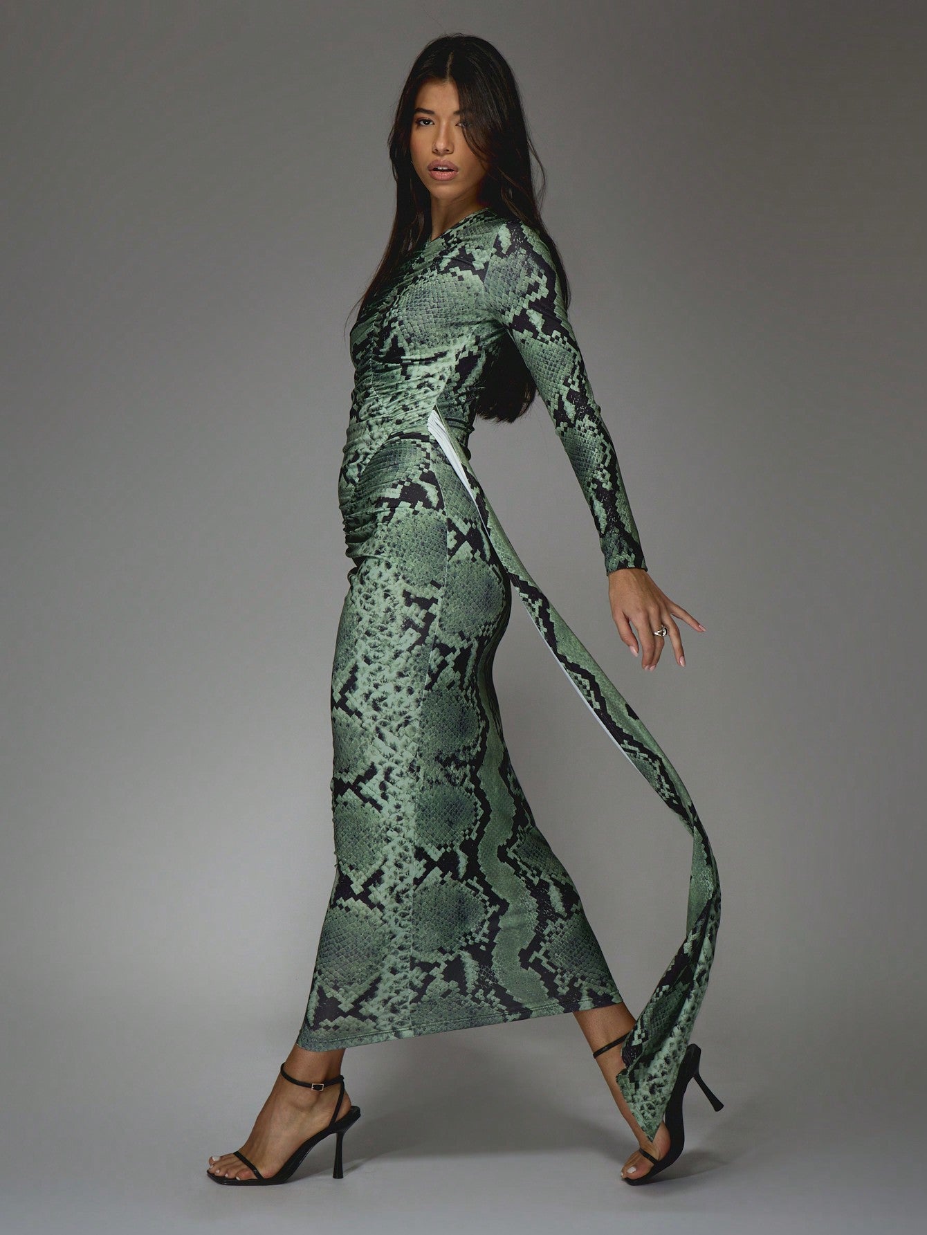 LLstyle Snake Print Round Neck Slit Maxi Dress