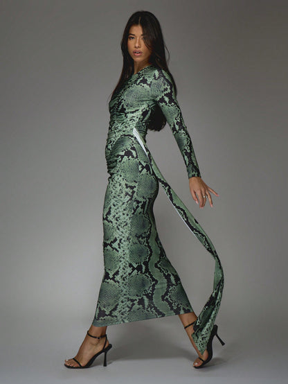 LLstyle Snake Print Round Neck Slit Maxi Dress