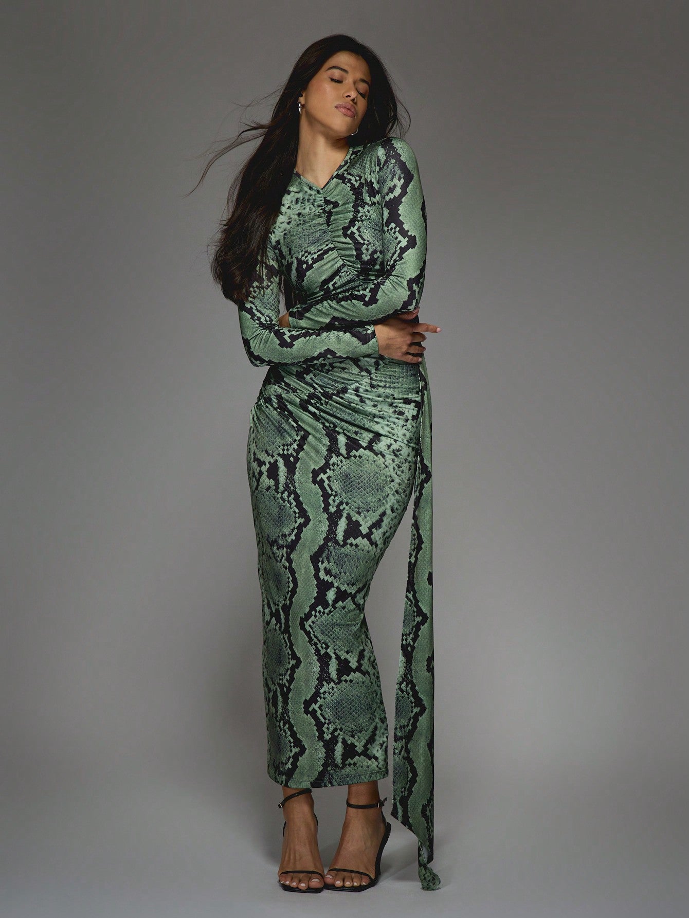 LLstyle Snake Print Round Neck Slit Maxi Dress