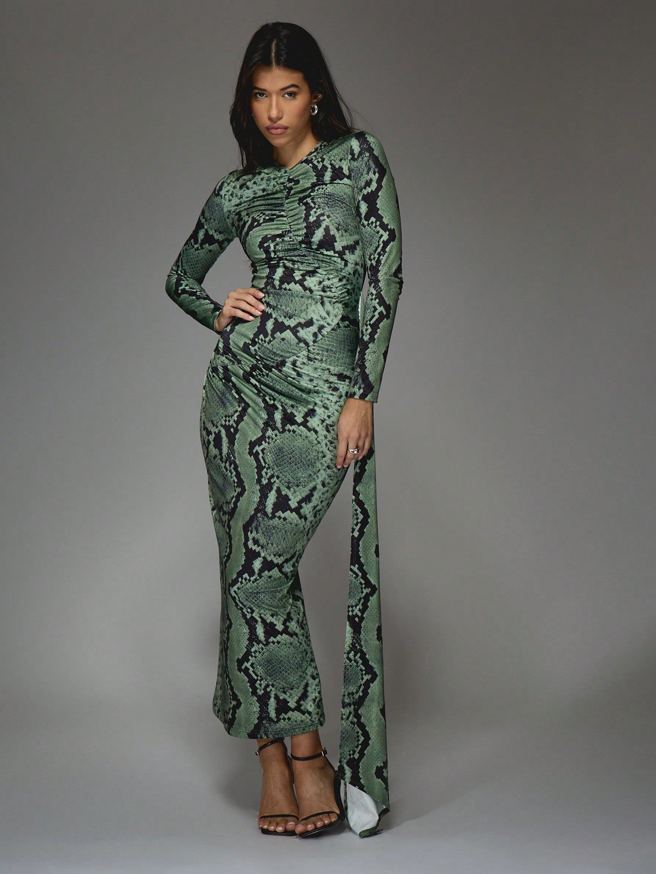 LLstyle Snake Print Round Neck Slit Maxi Dress