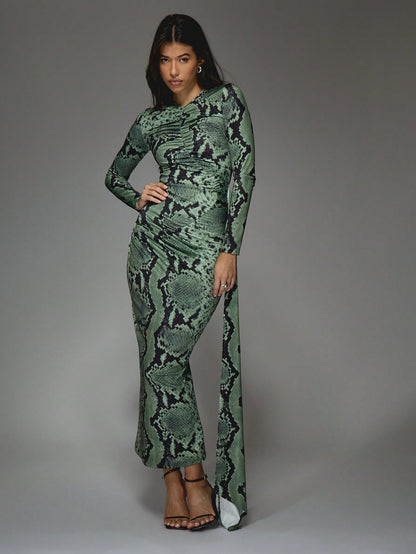 LLstyle Snake Print Round Neck Slit Maxi Dress