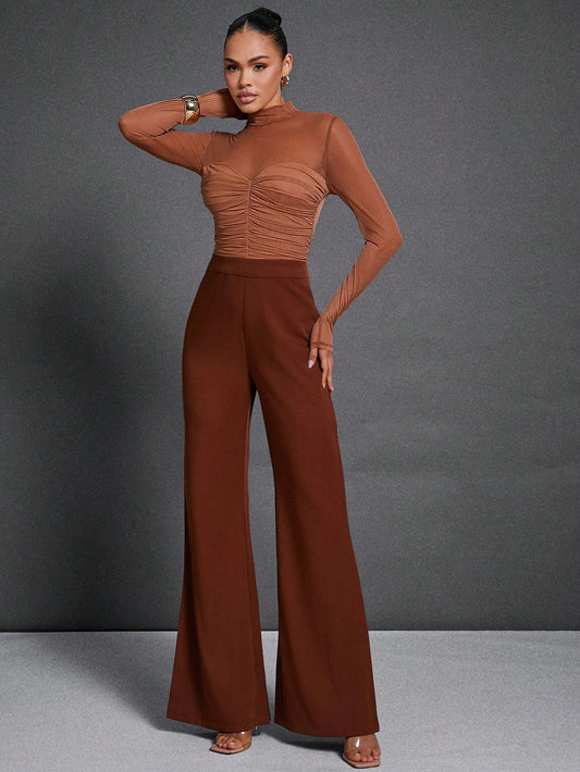 LLstyle Elegant Two Tone Rust Ruched Mesh Jumpsuit