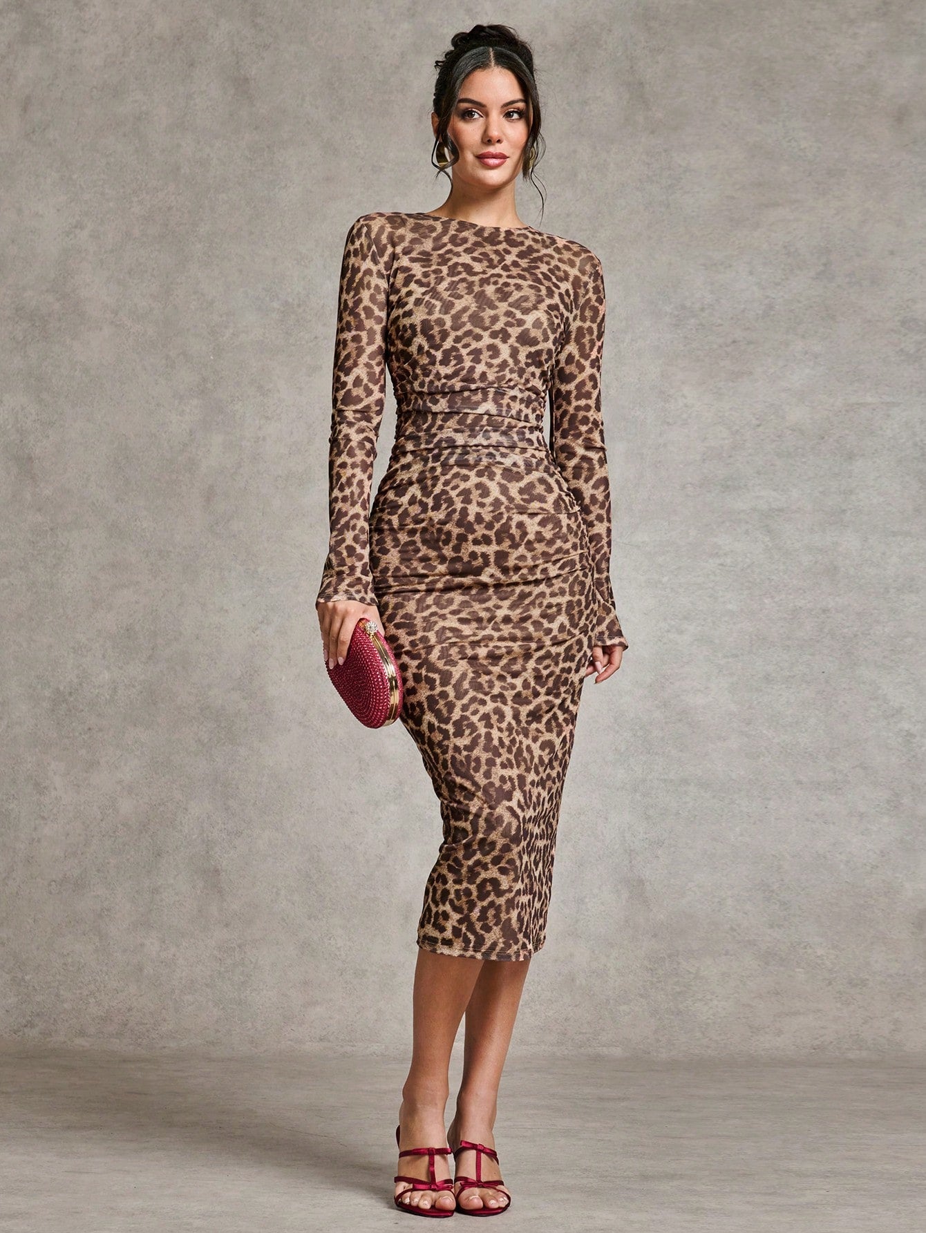 LLstyle Leopard Print Side Pleated Tight Dress