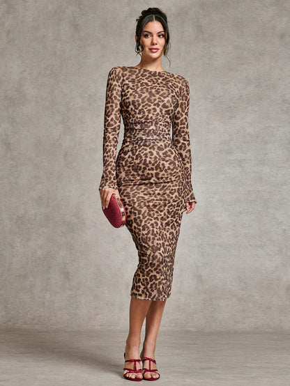 LLstyle Leopard Print Side Pleated Tight Dress