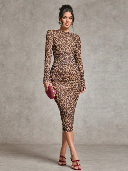 LLstyle Leopard Print Side Pleated Tight Dress