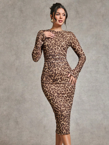 LLstyle Leopard Print Side Pleated Tight Dress