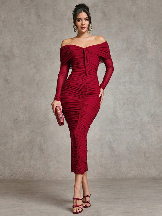 LLstyle Off Shoulder Long Sleeve Ruched Elegant Dress