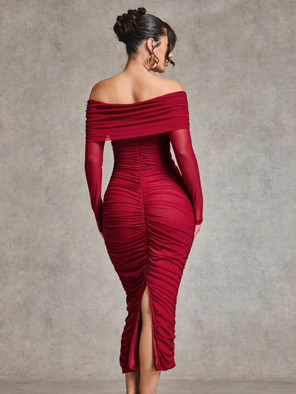 LLstyle Off Shoulder Long Sleeve Ruched Elegant Dress