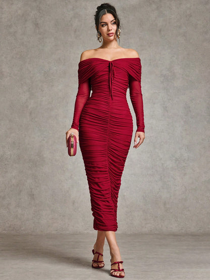 LLstyle Off Shoulder Long Sleeve Ruched Elegant Dress