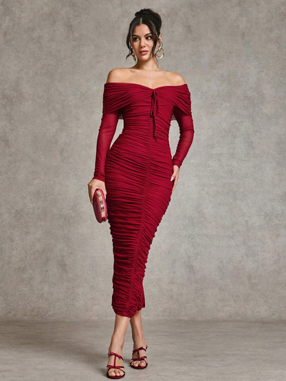 LLstyle Off Shoulder Long Sleeve Ruched Elegant Dress