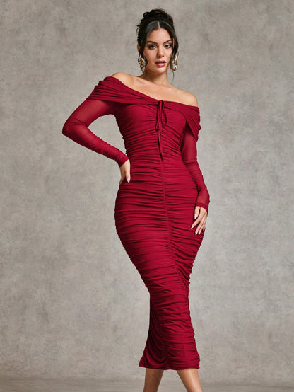 LLstyle Off Shoulder Long Sleeve Ruched Elegant Dress