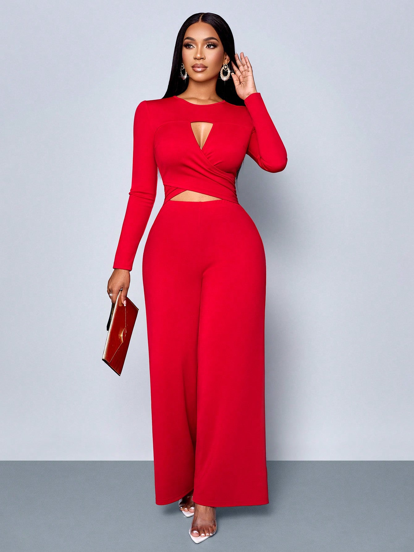 LLstyle Cut-Out Long Sleeve Wide Leg Jumpsuit,