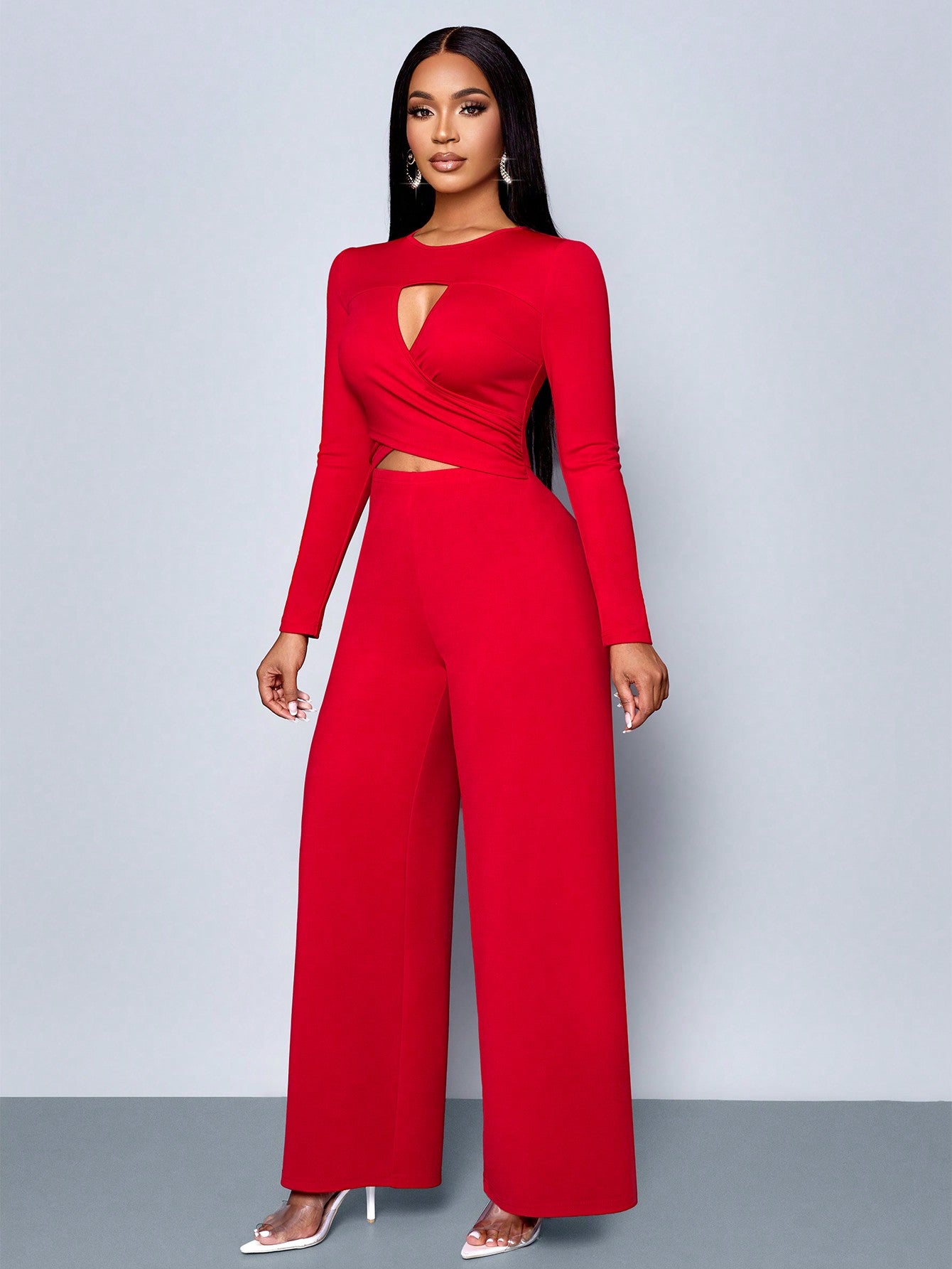 LLstyle Cut-Out Long Sleeve Wide Leg Jumpsuit,