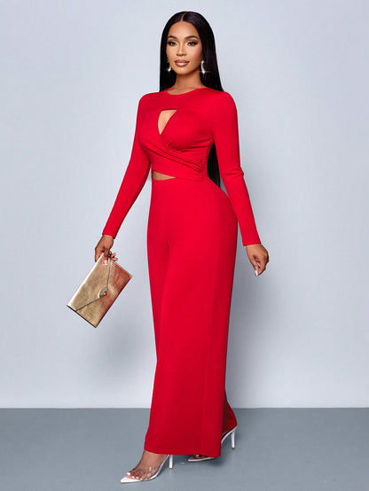 LLstyle Cut-Out Long Sleeve Wide Leg Jumpsuit,