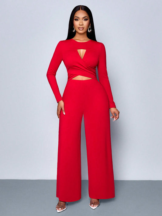 LLstyle Cut-Out Long Sleeve Wide Leg Jumpsuit,