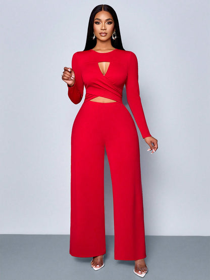 LLstyle Cut-Out Long Sleeve Wide Leg Jumpsuit,