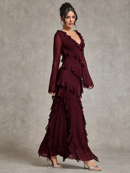 LLstyle Romantic Ruffle Long Sleeve Maxi Dress