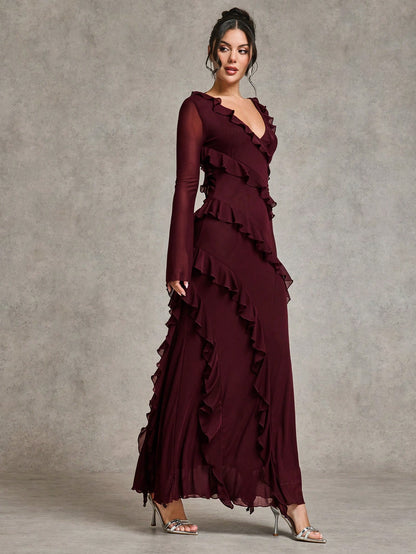 LLstyle Romantic Ruffle Long Sleeve Maxi Dress