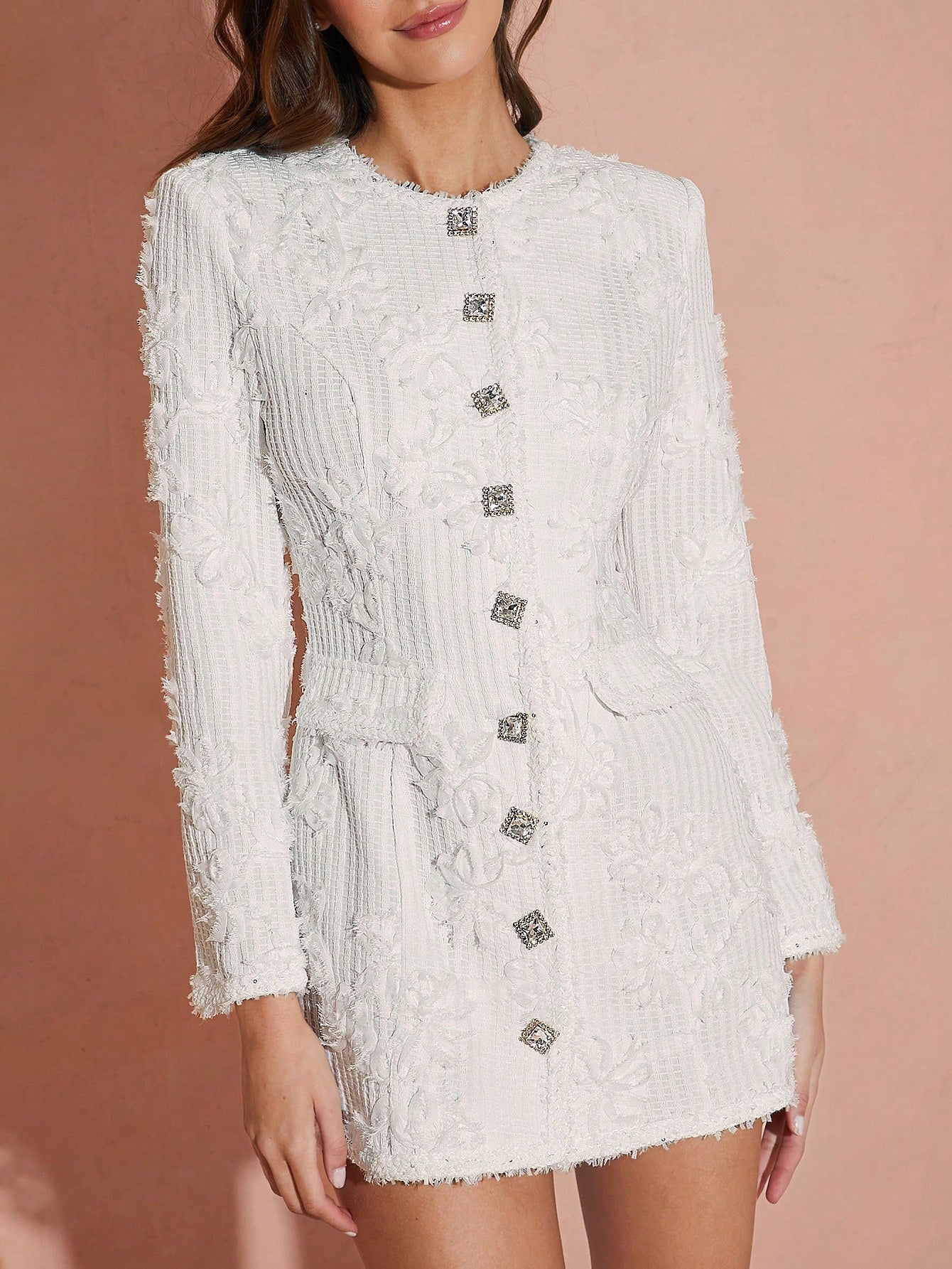 LLstyle Decor Floral Embroidery Lace Long Sleeve Pocket Short Dress