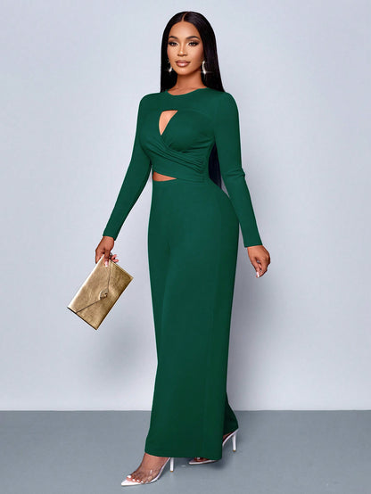 LLstyle Cut-Out Long Sleeve Wide Leg Jumpsuit,