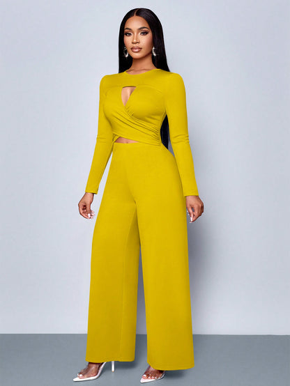 LLstyle Cut-Out Long Sleeve Wide Leg Jumpsuit,