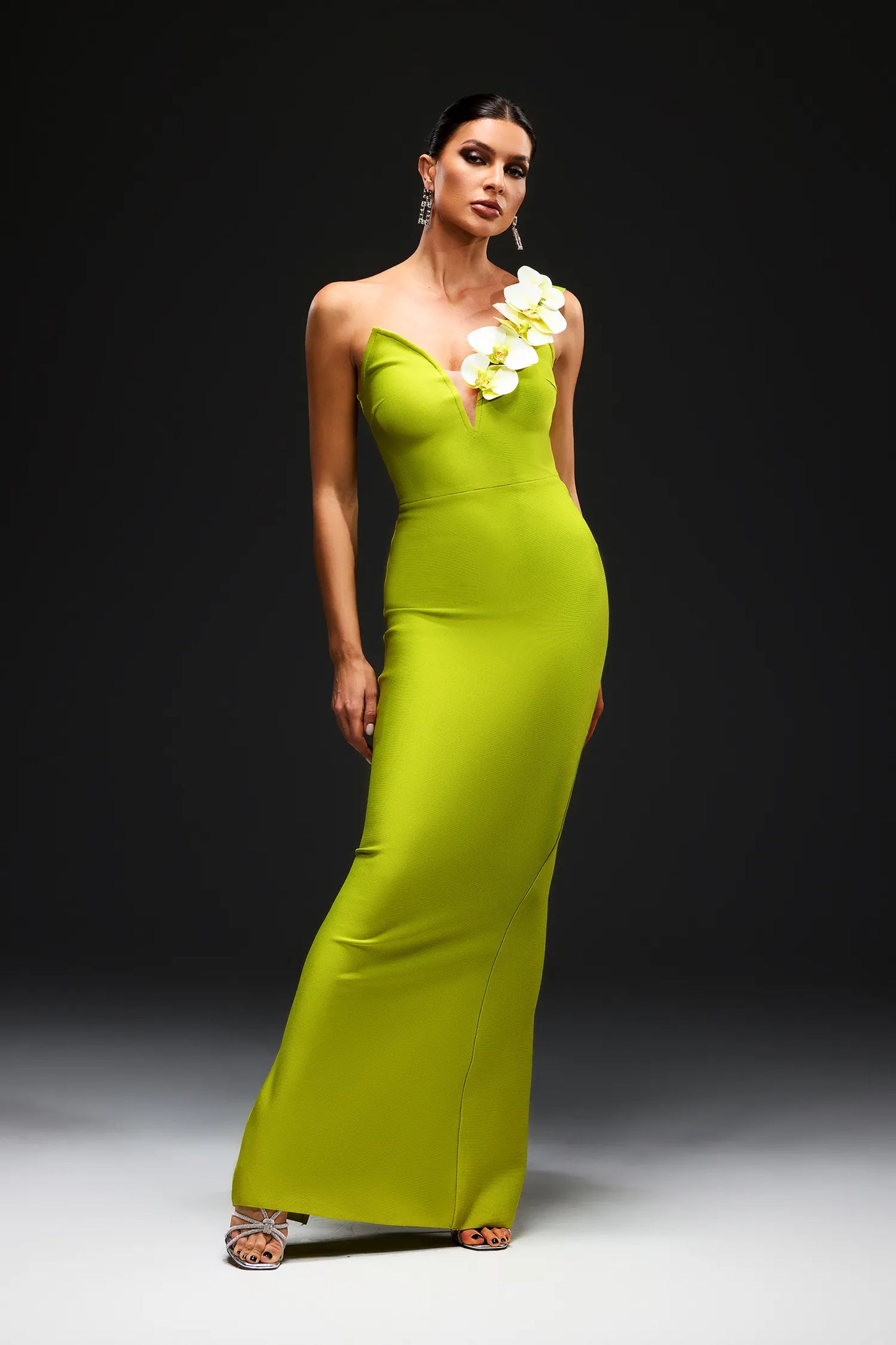 LLstyle Moth Orchids One Shoulder Yellow Green Dress